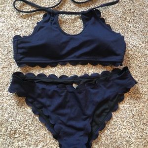Scalloped edge navy bikini